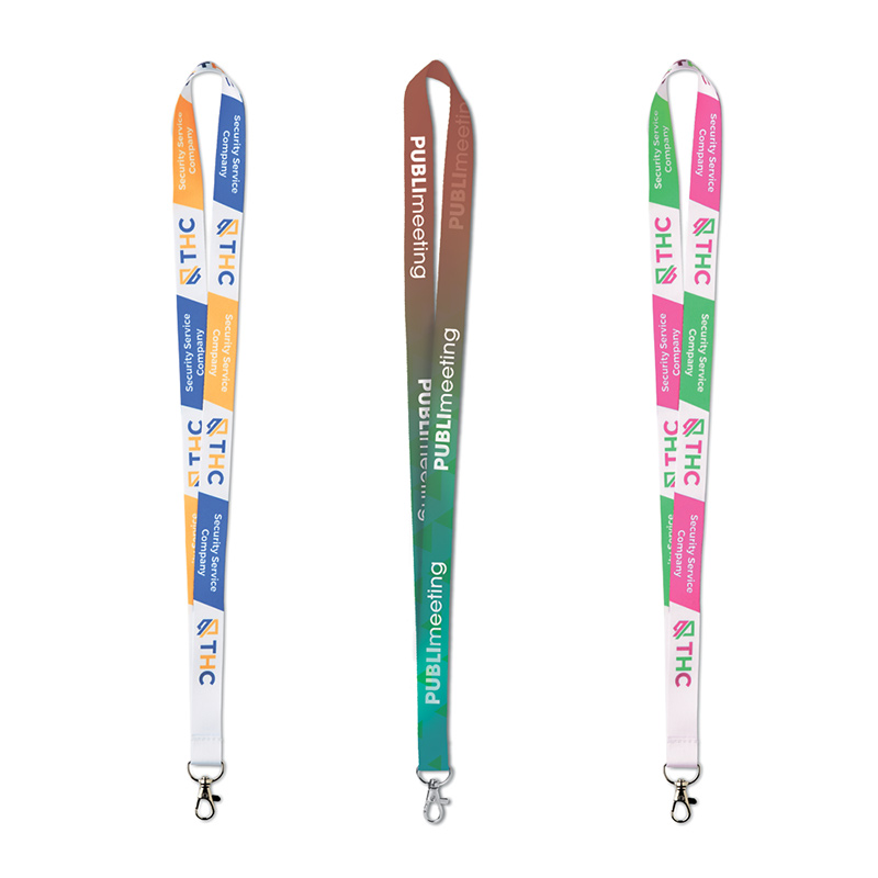 Three custom sublimation lanyards with full-color repeating print