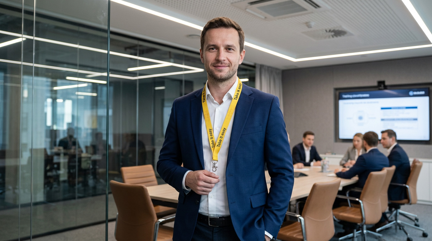 Office team wearing branded lanyards
