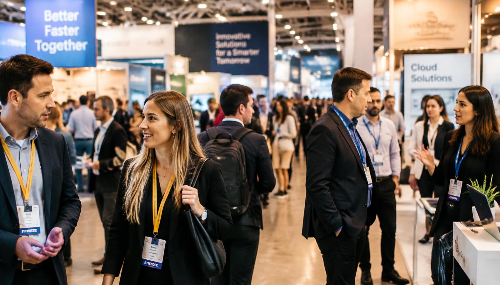 Trade fair visitors wearing wide branded lanyards