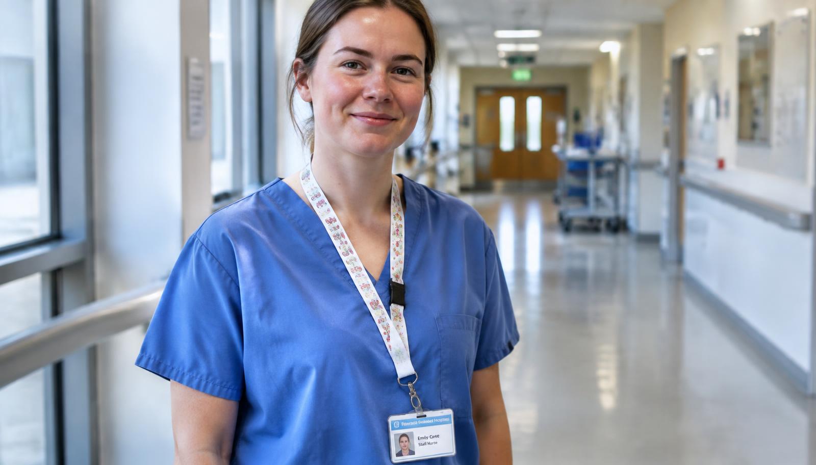 Nurse wearing a lanyard with a safety breakaway buckle and ID badge
