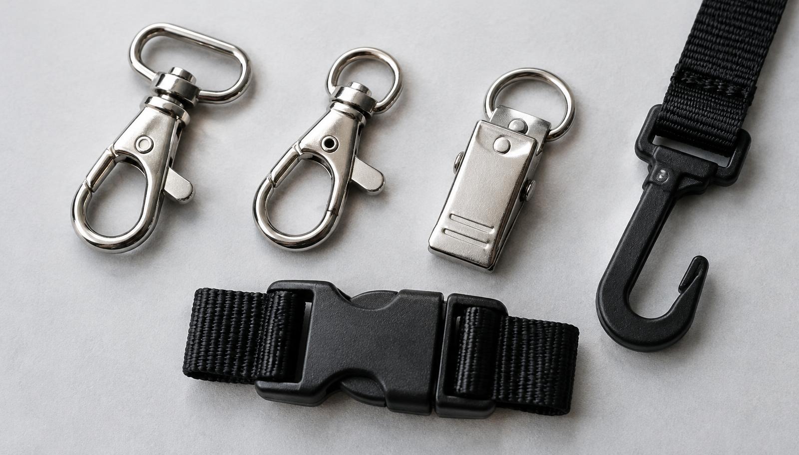 Different lanyard attachments: metal hooks, clip and safety buckle