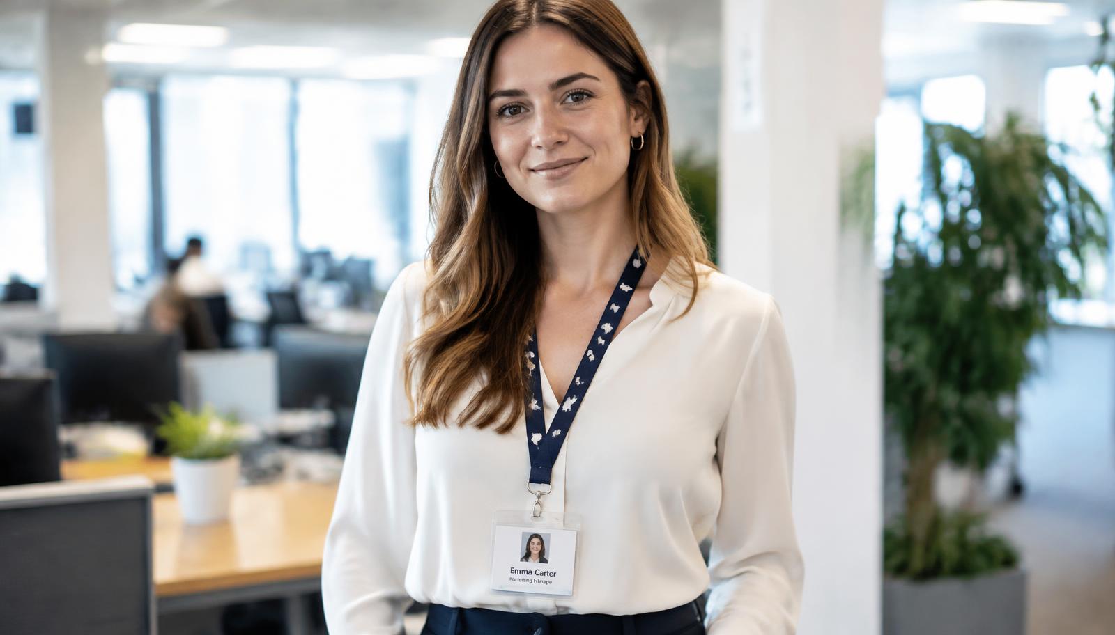 Office employee wearing a printed lanyard with an ID badge holder